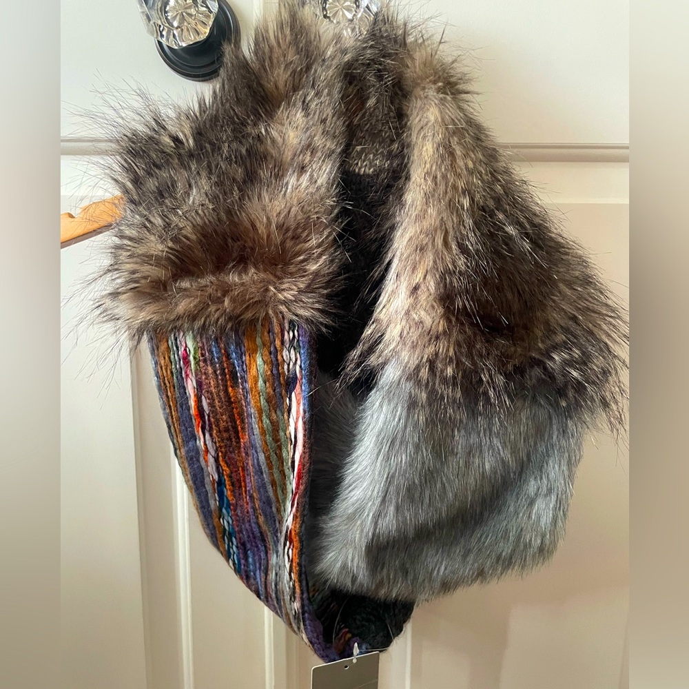 Anthropologie NWT Infinity Wrap Scarf Faux Fur Black Grey Multi - GORGEOUS